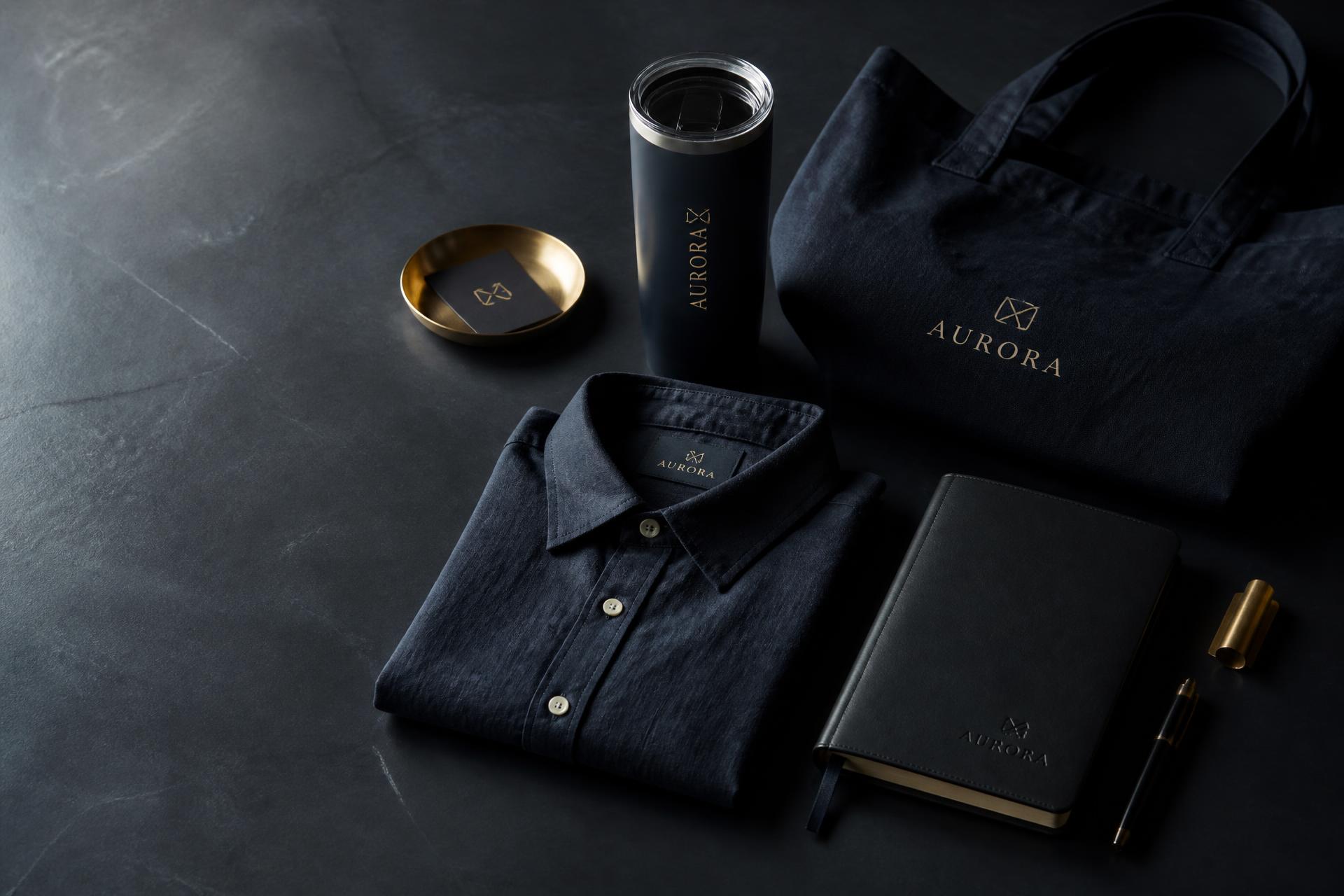 Premium branded corporate merchandise arranged on a dark stone surface