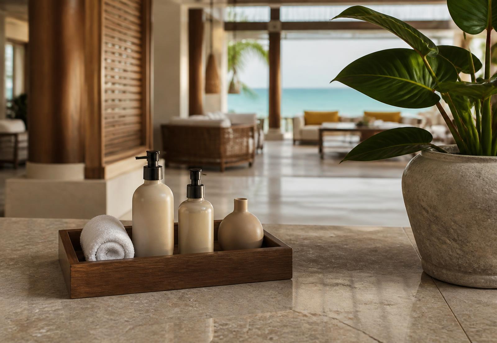 Guest amenity tray in a luxury resort lobby